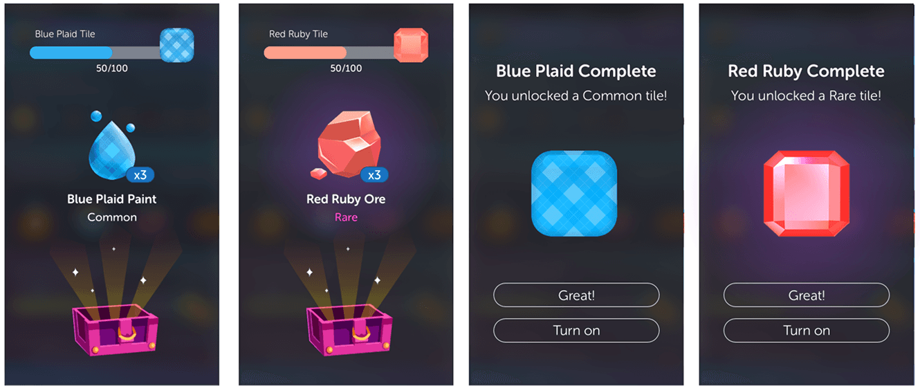 Paint collection and tile-unlock reward modals